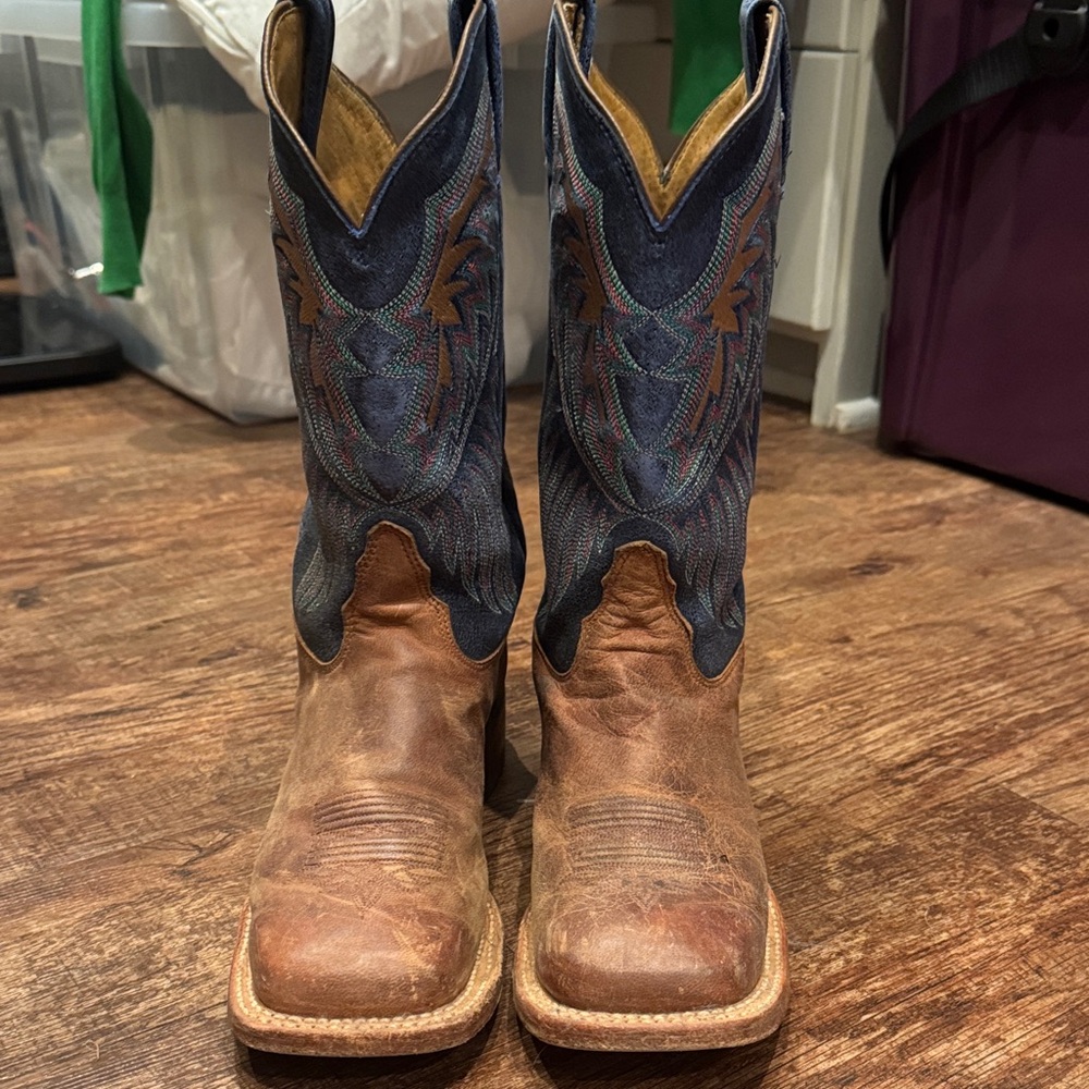 Tony Lama Brown Leather Boots with Navy Embroidered Shaft